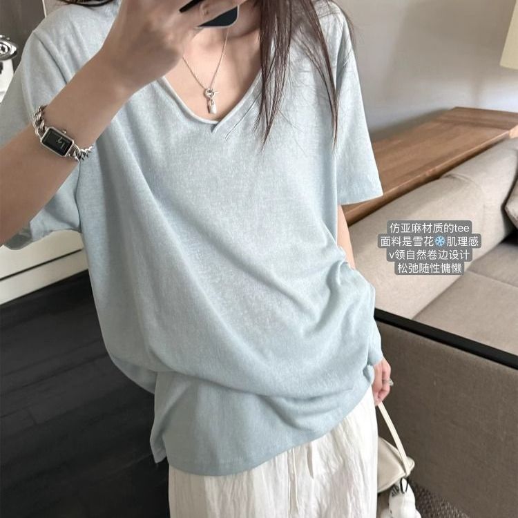 蓝色宽松慵懒v领短袖t恤女设计感小众夏季薄款百搭松弛感半袖上衣