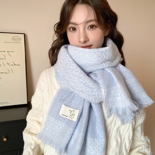 2025新款韩系氛围感蓝色冬季冬天加厚初中学生女款小女孩女童围巾