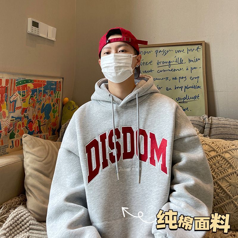 潮流中性风灰色纯棉连帽男女卫衣复古字母秋冬季加绒加厚休闲外套