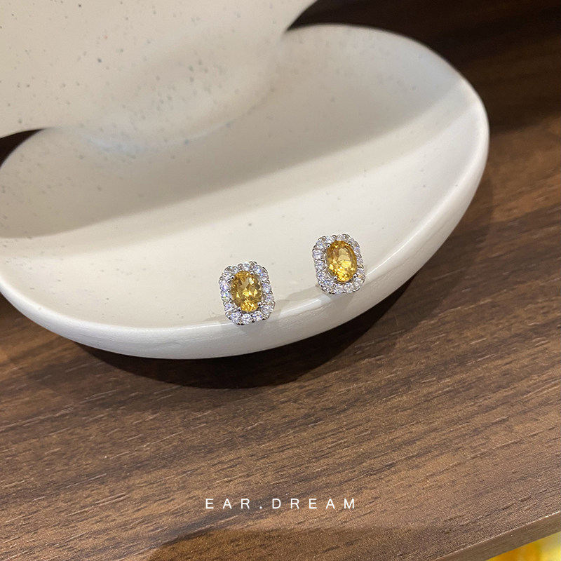 耳边的梦 落日糖 通体925银几何简约招财耳钉黄水晶轻奢百搭耳环