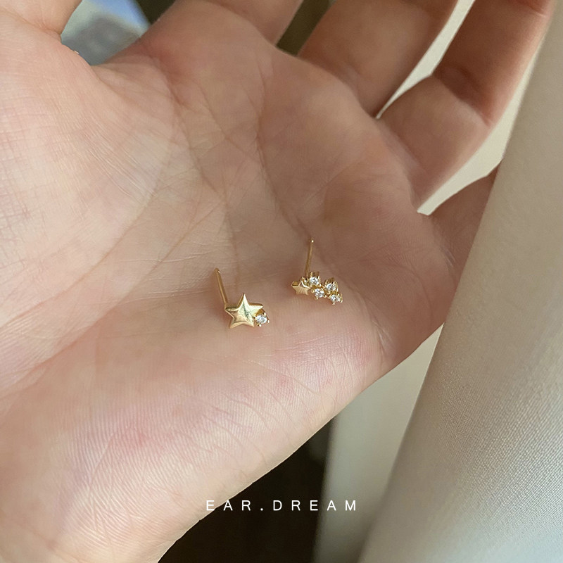 新品 星光 925纯银闪锆星星耳钉小众通勤不对称设计