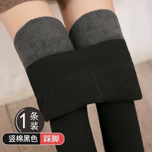 加厚连裤 竖条螺纹高腰显瘦保暖棉裤 袜 外穿女秋冬款 灰色加绒打底裤