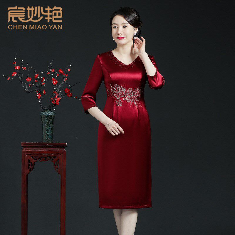 中老年女装醋酸连衣裙真丝礼服裙子妈妈装2023秋装新款 一件代销