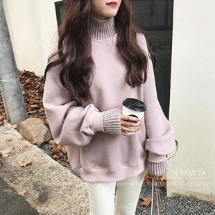 加绒加厚卫衣女秋冬新款韩版潮学生宽松懒惰假两件高领毛衣外套