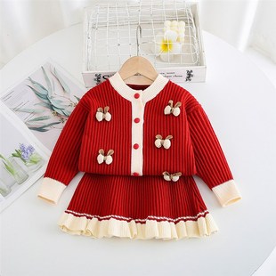 儿童毛衣套裙女宝宝可爱蝴蝶结装 两件裙鱼尾裙针织套裙 饰针织开衫