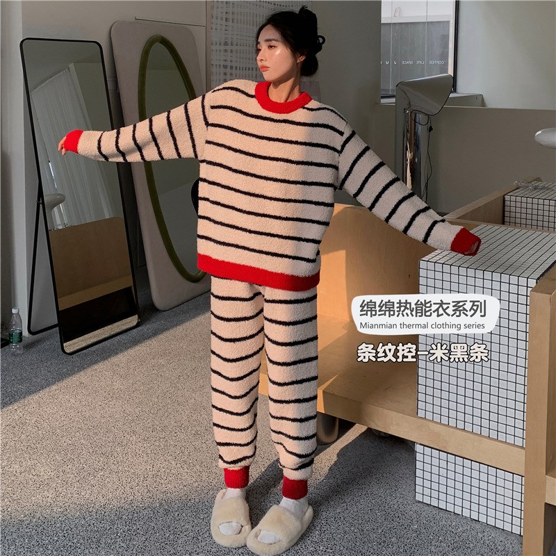 1075半边绒睡衣冬季新款软绵绵女士保暖套装加绒加厚家居服可外穿