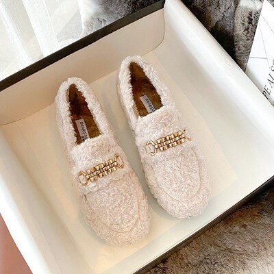 毛毛鞋女外穿羊羔毛豆豆鞋女加绒厚底棉乐福鞋孕妇大码女鞋41-43