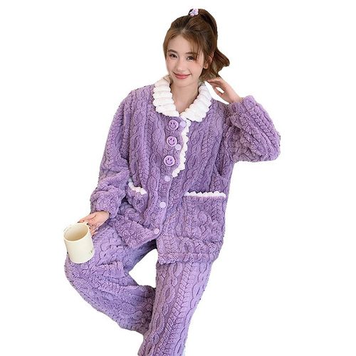 月子服冬季珊瑚绒睡衣加绒加厚孕妇哺乳喂奶产后法兰绒女士家居服