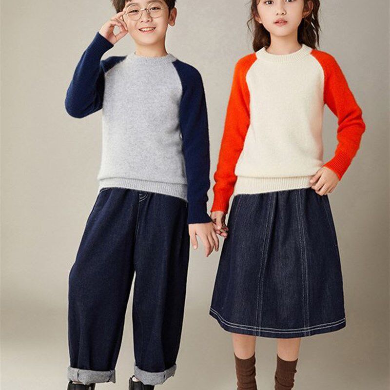 新款儿童100%羊毛圆领拼色套头针织打底衫男女童保暖加厚时尚毛衣