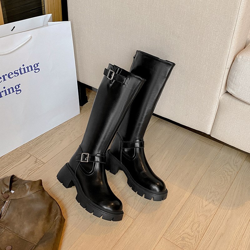 31码起秋冬新款骑士靴女长靴粗腿高筒靴厚底长筒靴女靴子皮质辣妹