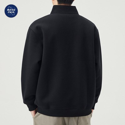 沐丘男装420G重磅套头立领加绒卫衣男宽松复古开胸纽扣套头外套