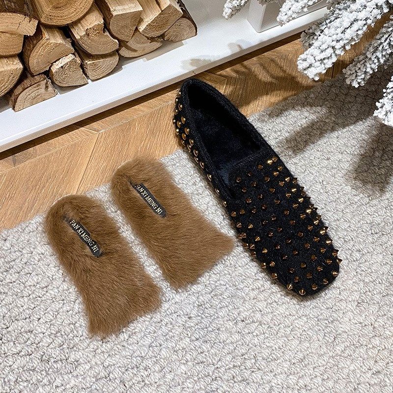 水貂毛毛鞋女秋冬季2023新款铆钉豆豆鞋方头平跟平底加绒保暖单鞋,女鞋,浅口单鞋,淘宝优惠券,粉丝福利购,淘宝优惠卷