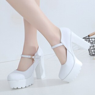 圆头厚底一字扣带女鞋粗跟高跟防水台大码40-43码走秀高跟鞋女