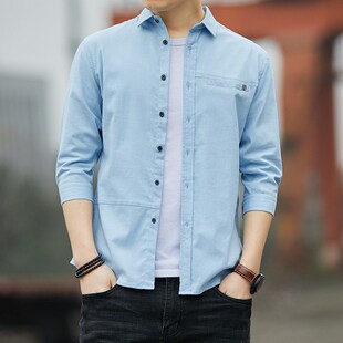 木图鱼春夏衬衫流行新款七分袖时尚休闲修身青年男士衬衣厂家