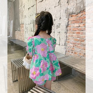 杰拉童装女童韩系甜美套装2024夏季新款儿童泡泡袖上衣大花朵短裤