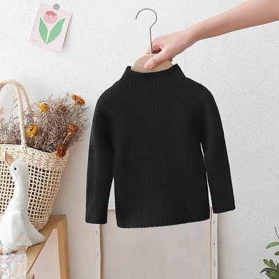 男童一体绒毛衣秋冬装女宝宝纯色打底衫儿童半高领针织衫加绒加厚
