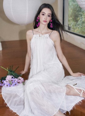Mon Mystere春夏新款白色流苏露背度假连衣裙长款礼服
