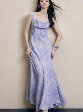Mon 莫奈花园同款蓝紫色连衣裙吊带露背优雅长裙女