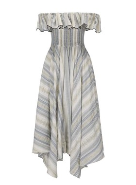 蓝色条纹不规则可一字肩连衣裙