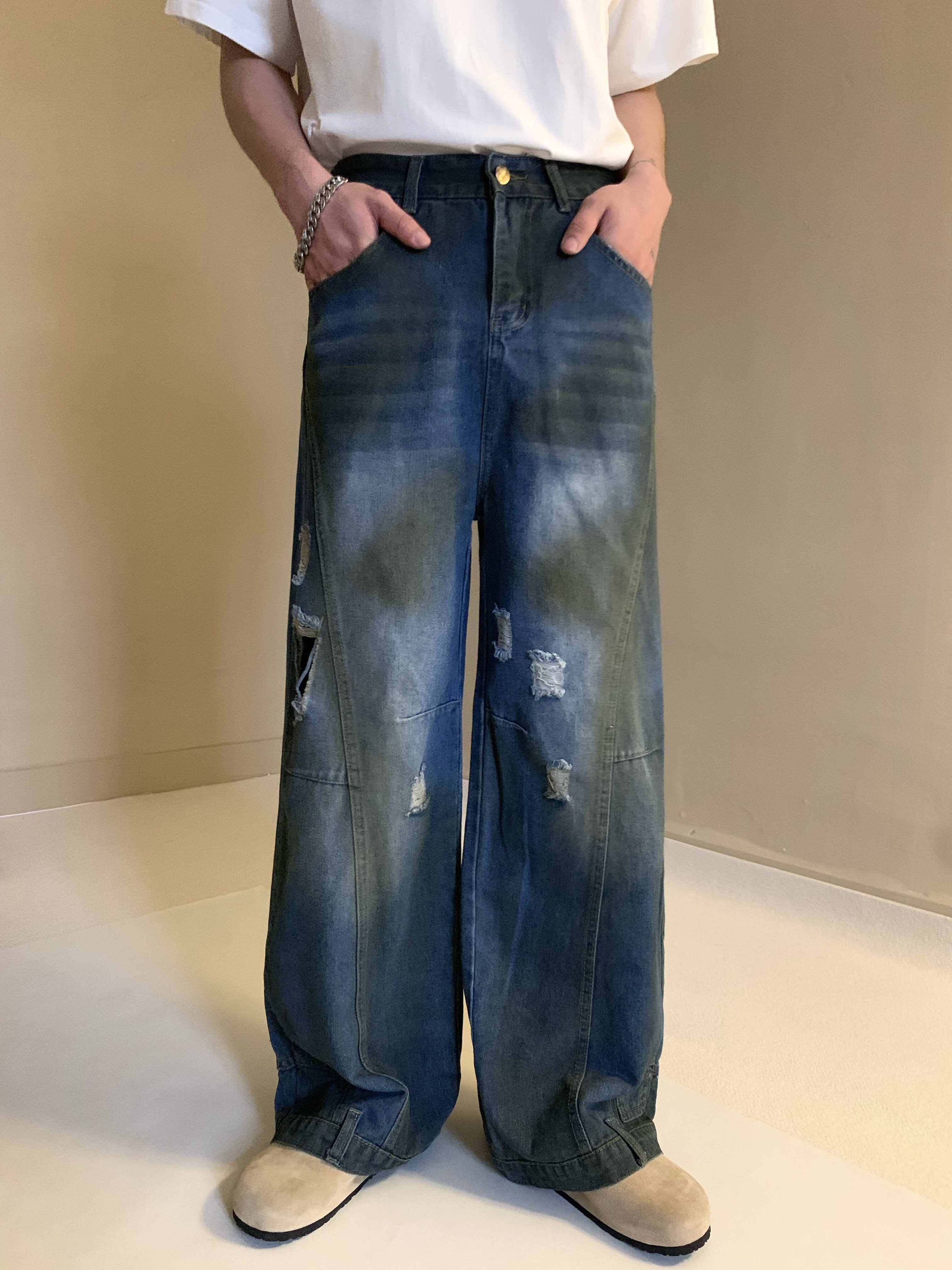 美式复古水洗直筒破洞倒装牛仔裤男设计感宽松阔腿脏脏裤拖地裤子