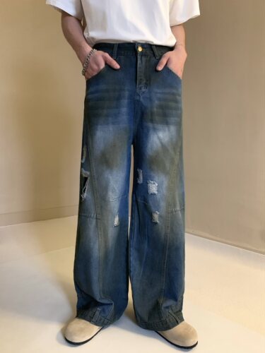 美式复古水洗直筒破洞倒装牛仔裤男设计感宽松阔腿脏脏裤拖地裤子