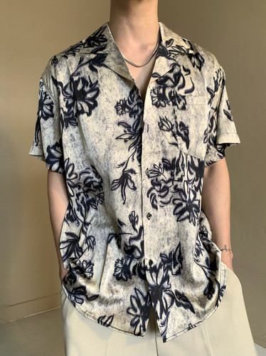 老钱休闲度假风凉感短袖花衬衫夏日浪人系宽松垂坠感复古中性衬衣