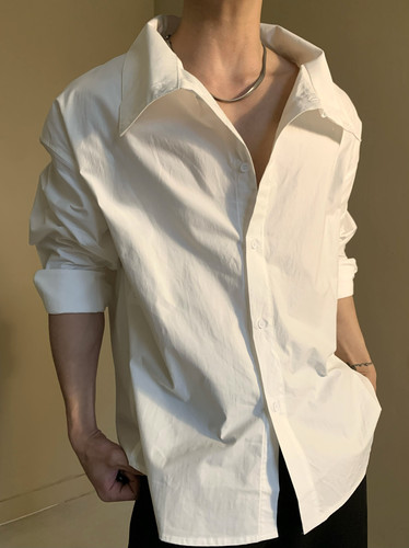 欧式老钱风错位侧扣小众设计感挺括长袖衬衫男高级感不规则衬衣潮