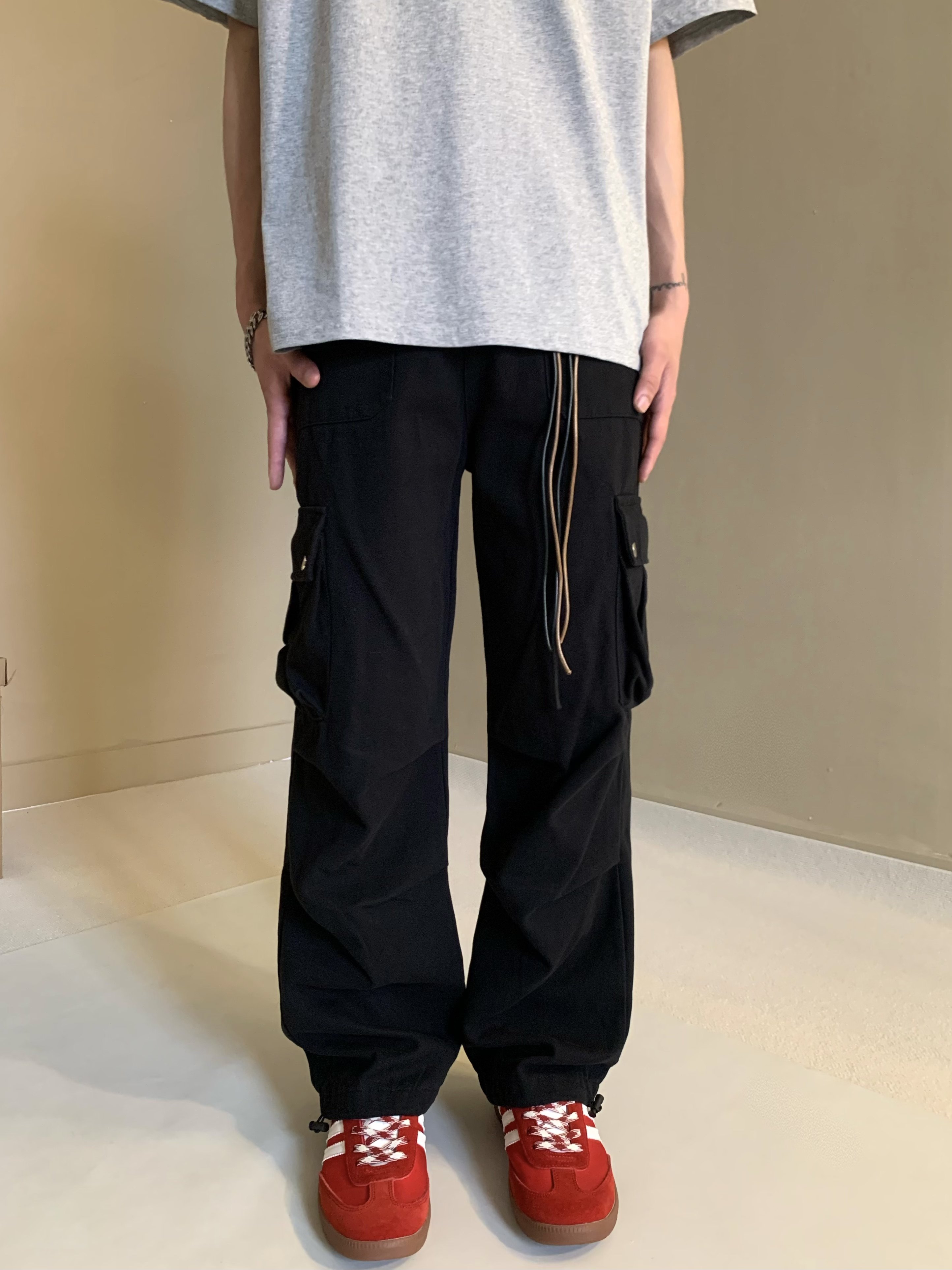 【送挂件】美式百搭款设计感褶皱休闲裤男女复古阔腿宽松工装裤子