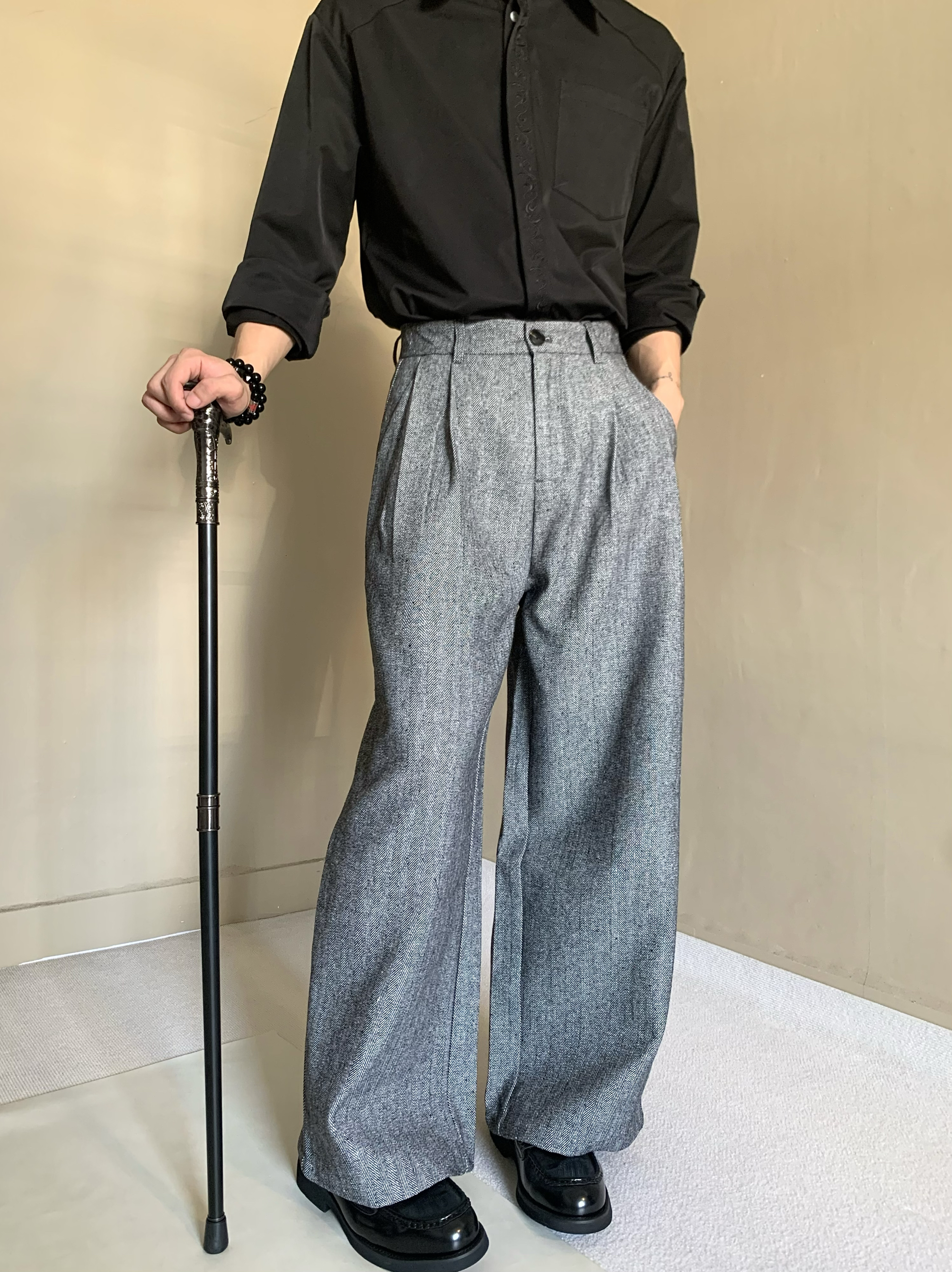 复古优雅高级感人字纹理百褶直筒西裤男老钱风北欧垂感休闲西装裤