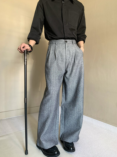 复古优雅高级感人字纹理百褶直筒西裤男老钱风北欧垂感休闲西装裤