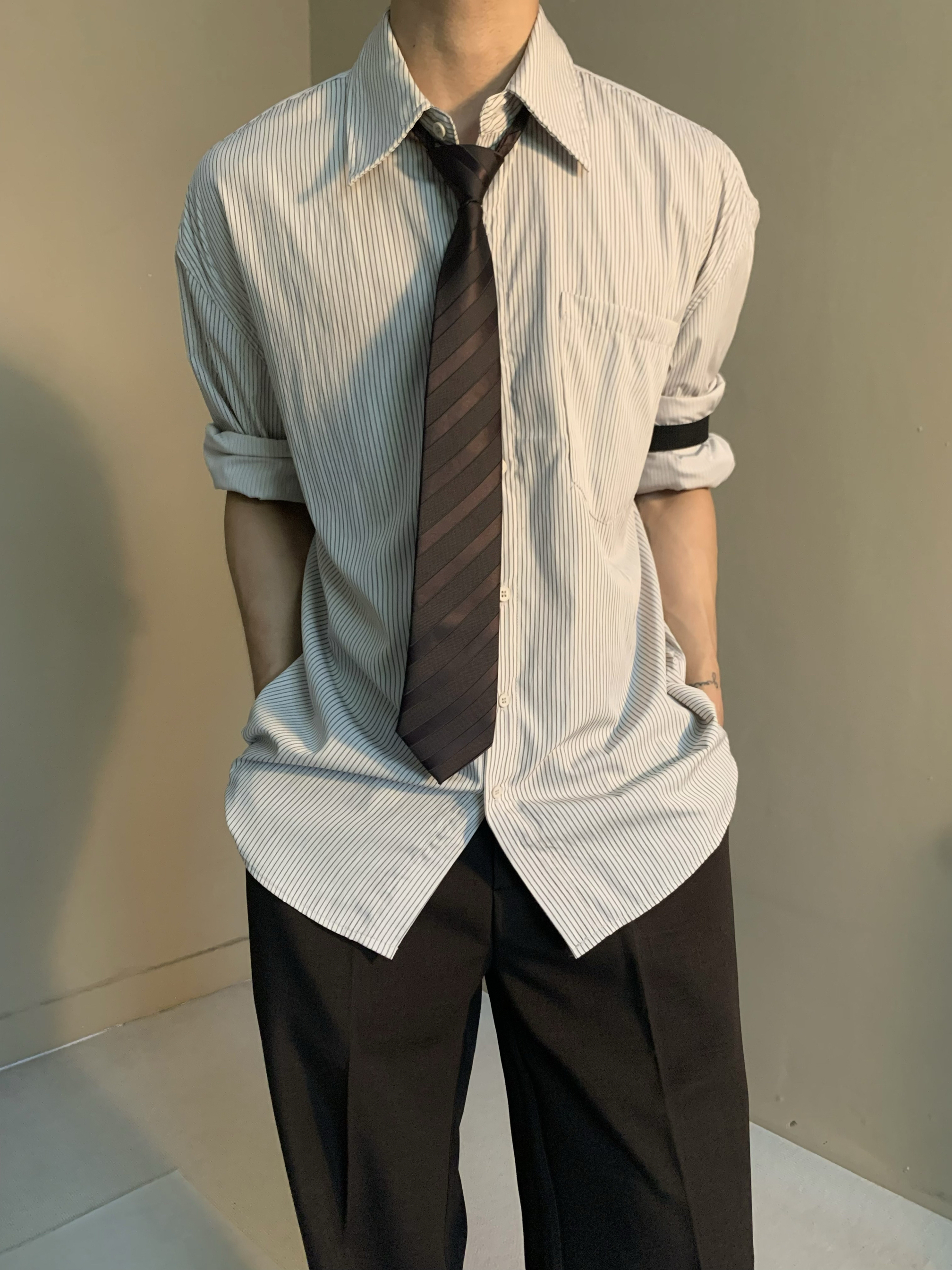 美式复古高级感条纹衬衫中性风显瘦口袋设计男女宽松休闲长袖衬衣