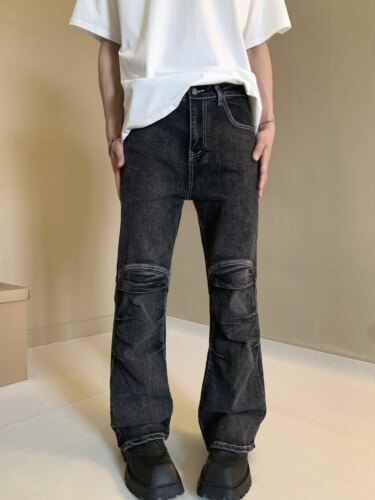 王鹤棣同款裤子重工废土休闲水洗做旧皱褶微喇叭牛仔dirtyfit长裤