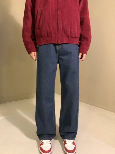 美式复古Cleanfit经典丹宁水洗宽松直筒裤港味深蓝色牛仔裤男女款