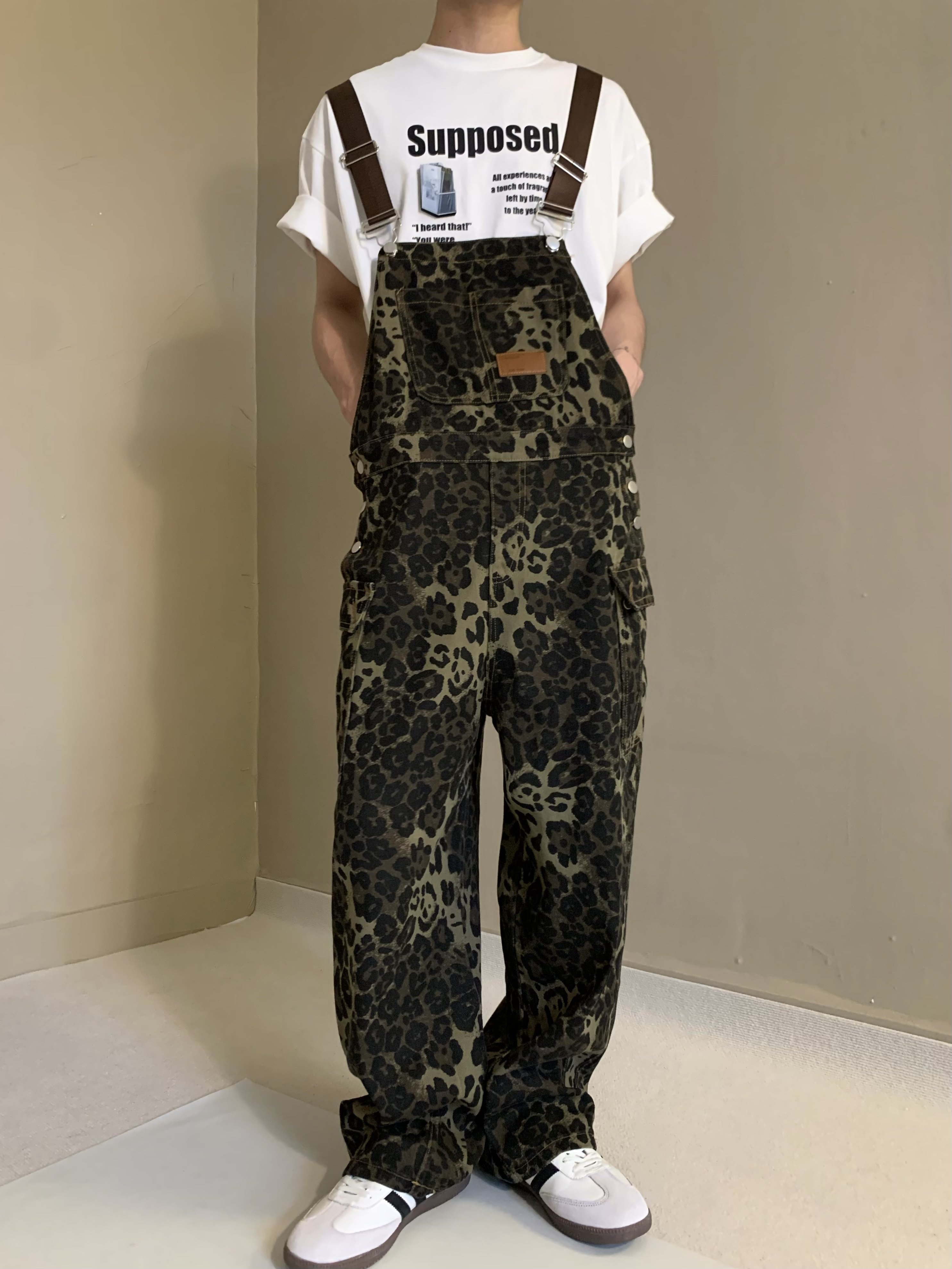 美式复古宽松直筒豹纹背带裤男女街头水洗阔腿工装多口袋连体裤子