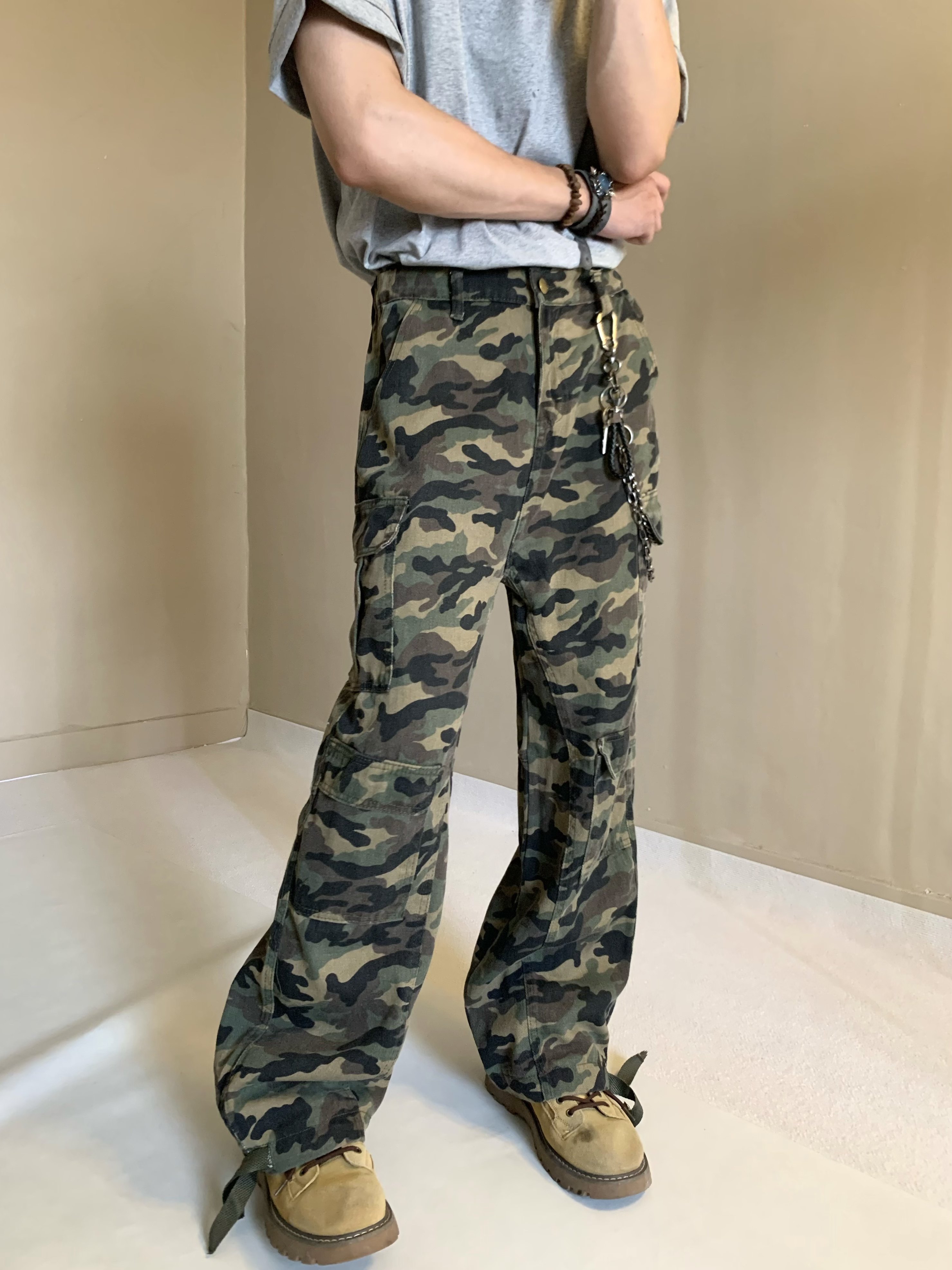 美式复古重磅迷彩工装裤男大口袋宽松直筒拖地垂感休闲长裤子女潮