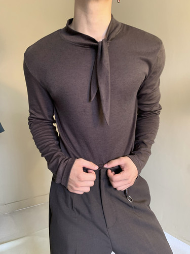 美式休闲慵懒不规则绑带设计修身显瘦长袖男女禁欲系微透打底上衣