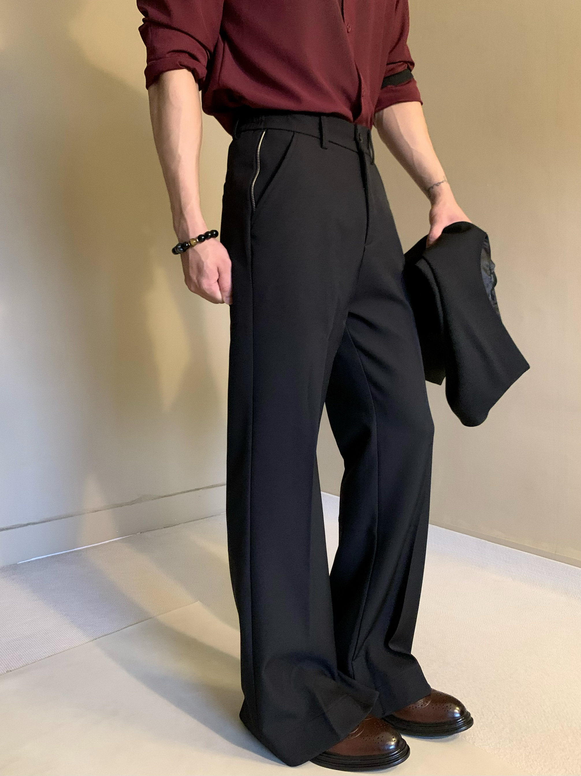 英伦小众高街vibe风开叉微喇叭西裤男垂坠感高级感堆积显瘦拖地裤