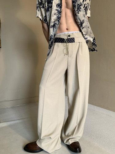 意式老钱风拼接感绑腰带设计垂感直筒西裤男优雅复古阔腿通勤长裤