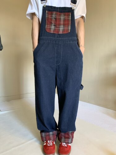 美式复古格纹拼接卷边牛仔背带裤男女街头宽松直筒情侣长裤设计感