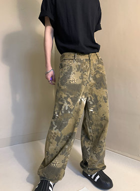 美式休闲复古帆布蛇纹迷彩重水洗阔腿裤痞帅宽松休闲裤拖地长裤男