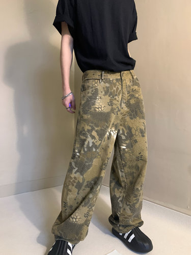 美式休闲复古帆布蛇纹迷彩重水洗阔腿裤痞帅宽松休闲裤拖地长裤男