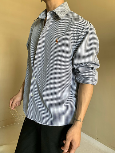 复古英伦小马刺绣细格长袖衬衫男女中性风绅士贵气感百搭衬衣上衣