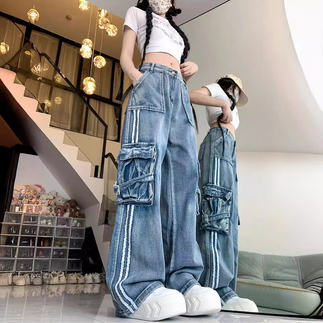 美式多口袋条纹拼接水洗工装牛仔裤女高腰宽松显瘦百搭直筒裤子