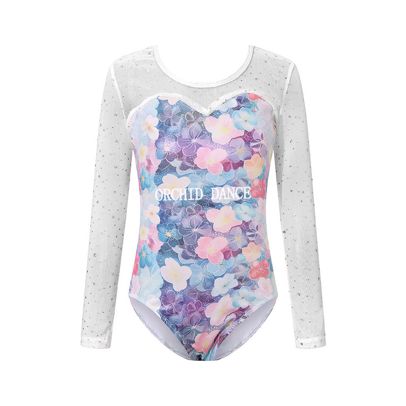 儿童专业体操连体服花朵无钻长袖舞蹈服团体比赛紧身衣女童练功服