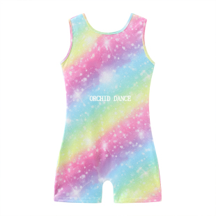 外贸2025年新款儿童烫金专业体操训练服中小童彩虹无袖平角连体衣