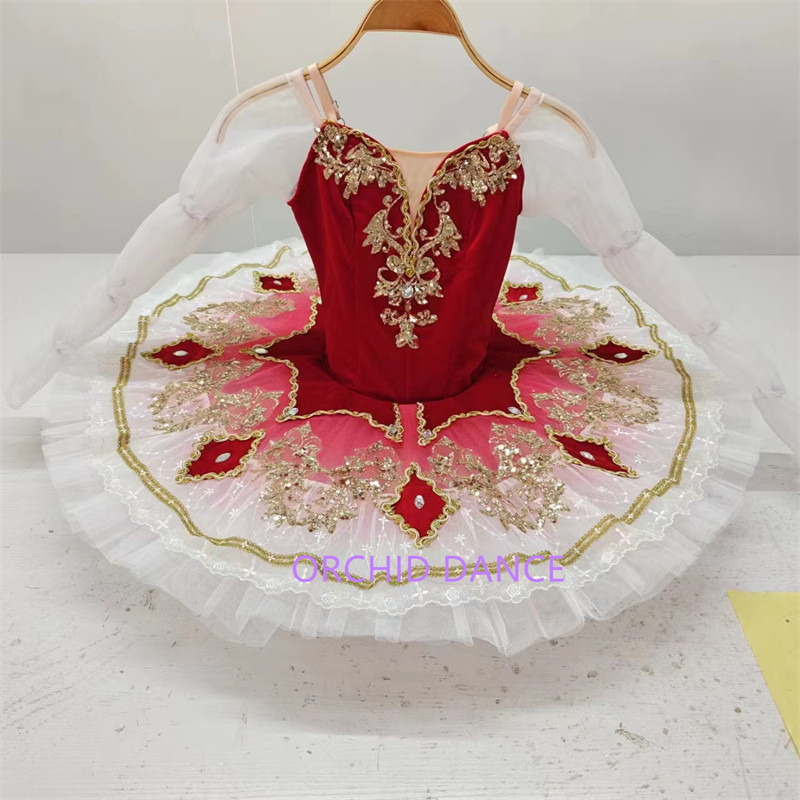儿童定制芭蕾舞裙红色渐变色长袖兔兔裙群舞表演服蓬蓬裙演出舞服