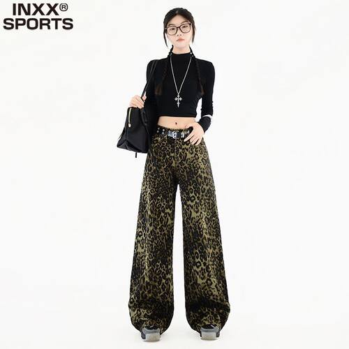 INXX SPORTS辣妹时髦豹纹阔腿牛仔裤女秋季