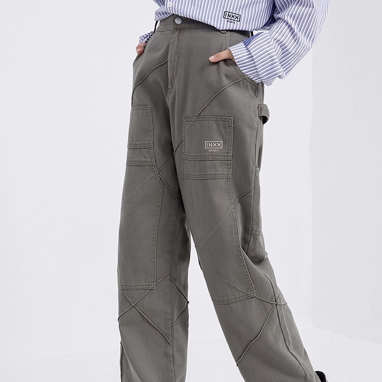 INXX SPORTS 牛仔裤 纯色宽松贴布拼接休闲裤情侣运动直筒长裤