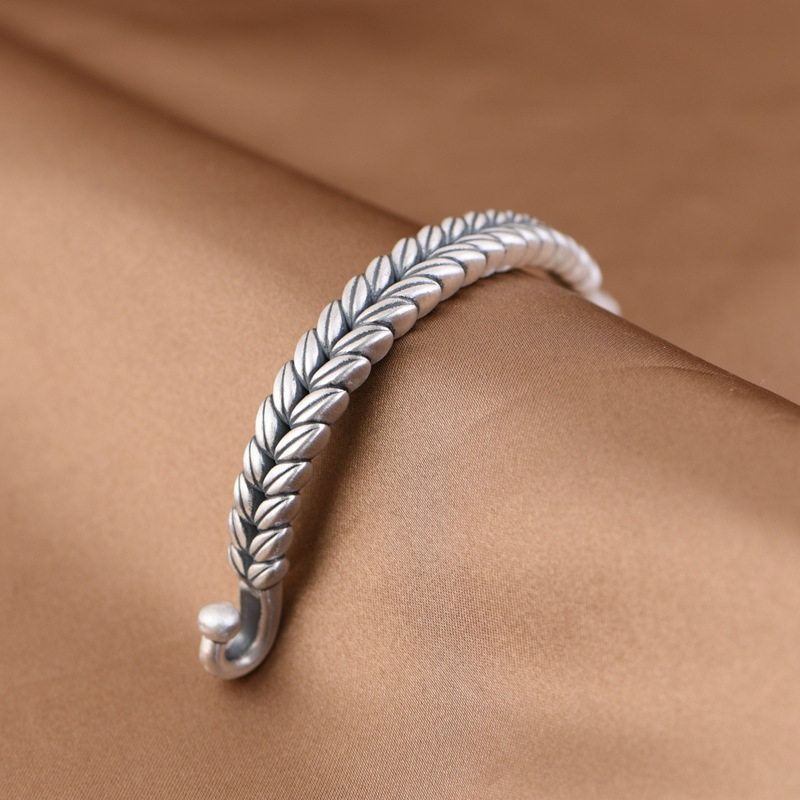 金鹿 足银手镯手环配饰 复古立体麦穗半镯手工编绳990银饰弯管