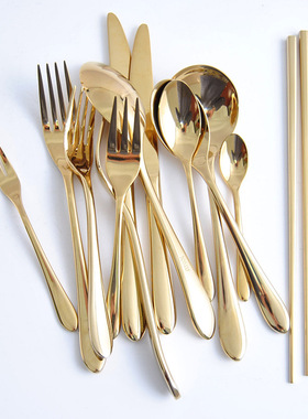 JOMU镜面金色不锈钢餐具牛排刀叉勺水果叉咖啡勺筷子网红饭勺餐具